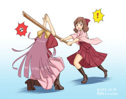Rule 34 | !, blue background, bokken, bow, brown footwear, brown hair, commentary request, cross-laced footwear, drill hair, failure, full body, geru, gradient background, hair bow, hakama, harukaze (kancolle), hitting, japanese clothes, kamikaze (kancolle), kantai collection, kimono, long hair, meiji schoolgirl uniform, one-hour drawing challenge, own hands together, pink hakama, pink kimono, purple hair, red bow, red eyes, red hakama, red kimono, skull, sword, twin drills, weapon, wooden sword, yellow background