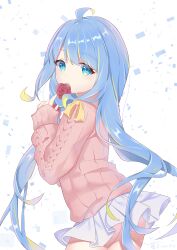 Rule 34 | 1girl, absurdres, ahoge, arched back, blonde hair, blue eyes, blue hair, chinese commentary, clothes lift, commentary request, dated, floating hair, flower, flower in mouth, from side, gradient hair, hanasaki chie, hands up, highres, indie virtual youtuber, jundao poi, light blue hair, light blush, long hair, looking at viewer, miniskirt, multicolored hair, official alternate costume, original, pink sweater, pleated skirt, red flower, red rose, ribbon, rose, sidelocks, skirt, skirt lift, sleeves past wrists, smile, solo, streaked hair, sweater, very long hair, virtual youtuber, white background, white skirt, wind, wind lift, yellow ribbon