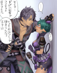 Rule 34 | ..., 1boy, 1girl, black bra, black choker, black gloves, black pants, blush, bra, breasts, choker, cleavage, detached collar, eye contact, eyebrows, eyepatch, fingerless gloves, glasses, gloves, green eyes, green hair, grey hair, hair between eyes, hat, jacket, kabedon, light bulb, looking at another, looking at viewer, medium breasts, mini hat, mini top hat, natto soup, nintendo, open mouth, pandoria (xenoblade), pants, pointy ears, purple gloves, purple jacket, purple shorts, rimless eyewear, round eyewear, shorts, speech bubble, spoken ellipsis, star (symbol), strap, striped clothes, striped jacket, sweat, tail, thought bubble, top hat, translation request, underwear, vertical stripes, xenoblade chronicles (series), xenoblade chronicles 2, zeke von genbu (xenoblade)