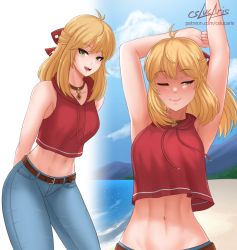 Rule 34 | 1girl, :d, ;), alternate costume, antenna hair, armpits, arms up, artist name, beach, belt, belt buckle, blonde hair, blush, breasts, buckle, casual, choker, closed mouth, contemporary, cropped hoodie, cslucaris, day, denim, drawstring, fiora (xenoblade), green eyes, hair ribbon, hood, hood down, hoodie, jeans, jewelry, leaning forward, long hair, looking at viewer, medium breasts, midriff, mountainous horizon, multiple views, navel, nintendo, ocean, one eye closed, open mouth, outdoors, pants, pendant, red choker, red hoodie, red ribbon, ribbon, sleeveless, sleeveless hoodie, smile, stomach, stretching, toned, watermark, web address, xenoblade chronicles 1, xenoblade chronicles (series)