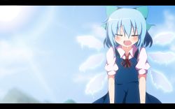 Rule 34 | 1girl, blue hair, bow, cirno, day, do (4-rt), closed eyes, hair bow, highres, hot, letterboxed, melting, short hair, sky, solo, sun, touhou, wings