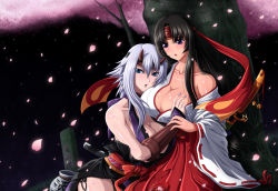Rule 34 | 2girls, bare shoulders, bell, black hair, blue eyes, blush, breasts, cherry blossoms, cleavage, female focus, gauntlets, headband, highres, horns, huge breasts, japanese clothes, katana, large breasts, miko, mucoro, multiple girls, musha miko tomoe, nail polish, off shoulder, petals, purple eyes, purple hair, queen&#039;s blade, shizuka (queen&#039;s blade), sword, tomoe (queen&#039;s blade), tomoe (queen's blade), tree, weapon, yuri