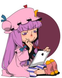 Rule 34 | 1girl, bow, crescent, dress, finger to mouth, hair bow, hat, ipad, onikobe rin, patchouli knowledge, purple eyes, purple hair, sitting, smile, socks, tablet pc, touhou