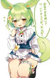 Rule 34 | 1girl, apron, blush, bridal garter, commentary request, dress, embarrassed, flat chest, flower, green hair, hair flower, hair ornament, highres, long hair, looking at viewer, low ponytail, moni monico, open mouth, orange eyes, smile, solo, translation request, voicevox, waitress, zundamon