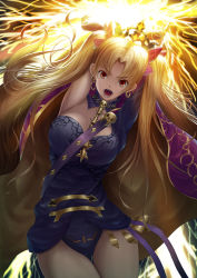Rule 34 | 1girl, absurdres, alternate breast size, arms up, blonde hair, breasts, cleavage, earrings, energy, ereshkigal (fate), fate/grand order, fate (series), fujifuji924, gold trim, hair ribbon, highres, jewelry, large breasts, long hair, open mouth, pantyhose, red eyes, red ribbon, ribbon, skull, twintails