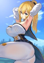 Rule 34 | 1girl, absurdres, armpits, bad id, bad pixiv id, black bow, blonde hair, blue capelet, blue eyes, blue sky, bow, breasts, capelet, cloud, coattails, detached sleeves, genshin impact, hair between eyes, high ponytail, highres, jean (genshin impact), large breasts, long hair, loooyd, multicolored capelet, outdoors, pants, ponytail, sidelocks, sky, strapless, thighs, tight clothes, tight pants, tube top, white pants