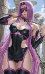 Rule 34 | 1girl, bare shoulders, black thighhighs, breasts, chain, cleavage, cleavage cutout, clothing cutout, commentary, dagger, english commentary, eye mask, facial mark, fate/grand order, fate/stay night, fate (series), forehead mark, hip vent, holding, holding weapon, knife, large breasts, long hair, looking at viewer, mask, medusa (fate), medusa (rider) (fate), nameless dagger (fate), purple hair, sciamano240, skindentation, tattoo, teeth, thigh gap, thighhighs, third-party source, very long hair, weapon