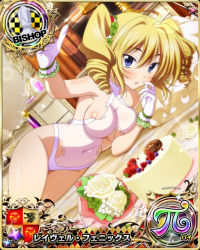 Rule 34 | 1girl, bishop (chess), blonde hair, blue eyes, blush, cake, card (medium), character name, chess piece, flower, food, gloves, high school dxd, high school dxd pi, looking at viewer, official art, ravel phenex, solo, swimsuit, torn clothes, trading card, twintails, white flower, white gloves