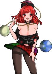 Rule 34 | 1girl, bare shoulders, blush, breasts, chain, chain between breasts, cleavage, hecatia lapislazuli, kusoyarou, large breasts, looking at viewer, multicolored clothes, multicolored skirt, open mouth, panties, panties under pantyhose, pantyhose, plaid, plaid skirt, planet, red eyes, red hair, shirt, skirt, smile, solo, t-shirt, touhou, underwear, upskirt, white background