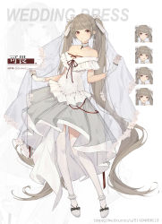 Rule 34 | 1girl, absurdly long hair, absurdres, alternate costume, azur lane, breasts, bridal veil, cleavage, daichengqi, dress, expressions, formidable (azur lane), grey hair, hair ribbon, highres, large breasts, long hair, looking at viewer, red eyes, ribbon, see-through, simple background, solo, strapless, strapless dress, thighhighs, veil, very long hair, white background, white dress, white ribbon, white thighhighs