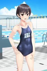 Rule 34 | 1girl, absurdres, black hair, blue one-piece swimsuit, blue sky, brown eyes, cloud, commentary request, competition school swimsuit, covered navel, day, feet out of frame, hand on own hip, highres, lane line, name tag, one-piece swimsuit, original, outdoors, pool, pool ladder, school swimsuit, short hair, sky, solo, standing, starting block, string of flags, swimsuit, takafumi, tomboy, variant set