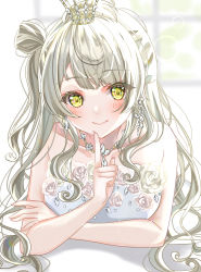 Rule 34 | 1girl, absurdres, aqua dress, artist name, artist request, bare shoulders, blush, breasts, brown eyes, brown hair, collarbone, crown, curly hair, dress, earrings, ebimau e, female focus, grey hair, highres, jewelry, light brown hair, long hair, love live!, love live! school idol project, medium breasts, minami kotori, mini crown, necklace, parted lips, ponytail, side ponytail, smile, solo