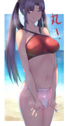 Rule 34 | 1girl, :q, arm tattoo, beach, bikini, blue eyes, blush, breasts, commentary request, cowboy shot, day, fate/grand order, fate (series), heavy breathing, jewelry, licking lips, long hair, looking at viewer, medium breasts, navel, navel piercing, nikuku (kazedesune), outside border, piercing, pubic tattoo, purple hair, ribs, ring, see-through, sidelocks, smile, solo, standing, steaming body, stomach, sweat, swimsuit, tattoo, tongue, tongue out, ushiwakamaru (fate), ushiwakamaru (fate/grand order), ushiwakamaru (swimsuit assassin) (fate), ushiwakamaru (swimsuit assassin) (second ascension) (fate)