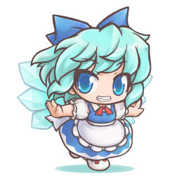 Rule 34 | 1girl, apron, blue hair, chibi, cirno, dress, grin, ice, ice wings, looking at viewer, lowres, onmitsu doushin a, outstretched arms, short hair, smile, solo, touhou, waist apron, wings