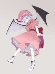 Rule 34 | 1girl, alternate footwear, bat wings, black wings, blue hair, blush stickers, closed mouth, collared dress, dress, full body, grey background, hat, highres, looking at viewer, marker (medium), mob cap, outstretched arm, outstretched hand, petticoat, pink dress, pink hat, puffy short sleeves, puffy sleeves, red eyes, remilia scarlet, sash, shiratama (hockey), shoes, short hair, short sleeves, simple background, smile, sneakers, solo, spread wings, touhou, traditional media, white footwear, wing collar, wings