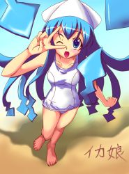 Rule 34 | 1girl, bad id, bad pixiv id, barefoot, blue eyes, blue hair, hat, ikamusume, long hair, matching hair/eyes, one-piece swimsuit, one eye closed, school swimsuit, shinryaku! ikamusume, solo, swimsuit, tentacles, tentacle hair, v, white school swimsuit, white one-piece swimsuit, wink, x.x