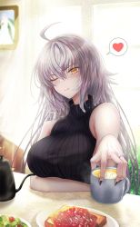 Rule 34 | 1girl, ahoge, bare shoulders, black nails, blush, bread slice, breasts, cup, fate/grand order, fate (series), food, halterneck, heart, highres, huge breasts, indoors, jeanne d&#039;arc alter (fate), jewelry, kettle, large breasts, long hair, looking at viewer, mug, nail polish, one eye closed, pale skin, penguintake, ring, solo, speech bubble, spoken heart, steam, toast, turtleneck, window, yellow eyes