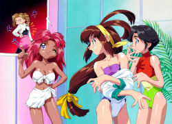 Rule 34 | 1990s (style), 4girls, :3, anna respighi, antenna hair, battle athletes, black hair, braid, breasts, brown eyes, brown hair, crossed arms, dark-skinned female, dark skin, fang, front-tie top, grin, hairband, hand on own hip, hand to own mouth, index finger raised, kanzaki akari, leotard, long hair, looking up, low-tied long hair, medium breasts, multiple girls, non-web source, official art, one eye closed, open mouth, profile, purple eyes, red hair, retro artstyle, sarong, shiny skin, short hair, sleeveless, small breasts, smile, swimsuit, tanya natdhipytadd, undressing, yanagida ichino