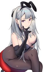 Rule 34 | 1girl, absurdres, ak-12 (girls&#039; frontline), animal ears, black gloves, black pantyhose, blush, bow, bowtie, braid, breasts, cleavage, elbow gloves, fake animal ears, girls&#039; frontline, gloves, grey hair, hairband, highres, large breasts, leotard, long hair, long sleeves, looking at viewer, pantyhose, playboy bunny, rabbit ears, smile, solo, talnory