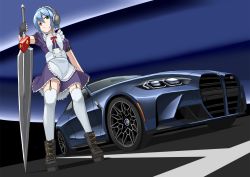 Rule 34 | 1girl, apron, arai kogane, black gloves, blue hair, bmw, bmw m4, boots, borrowed character, car, commission, dress, fingerless gloves, gloves, green eyes, headphones, heterochromia, holding, holding sword, holding weapon, huge weapon, light blue hair, looking at viewer, maid, motor vehicle, original, planted, purple dress, red eyes, short hair, skeb commission, solo, standing, sword, thighhighs, vehicle focus, waist apron, weapon, white apron