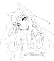 Rule 34 | 00s, animal ears, greyscale, grune, hand in own hair, holo, jacket, long hair, looking at viewer, monochrome, solo, spice and wolf, wolf ears