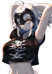 Rule 34 | 1girl, ahoge, arms behind head, arms up, black shirt, blush, breasts, clothes writing, crop top, crop top overhang, d-cao, fate/grand order, fate (series), headpiece, highres, jeanne d&#039;arc (fate), jeanne d&#039;arc alter (avenger) (fate), jeanne d&#039;arc alter (fate), large breasts, looking at viewer, navel, one eye closed, open mouth, pale skin, shirt, short hair, short sleeves, silver hair, simple background, solo, t-shirt, tsurime, white background, yellow eyes