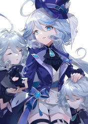 Rule 34 | 3girls, absurdres, ahoge, ascot, black gloves, blue ascot, blue eyes, blue hair, blue headwear, blue jacket, brooch, commentary request, cowboy shot, furina (genshin impact), genshin impact, gloves, grey hair, hat, highres, jacket, jewelry, long hair, long sleeves, multicolored hair, multiple girls, multiple persona, shirt, short shorts, shorts, single glove, standing, streaked hair, thigh strap, top hat, very long hair, white shirt, white shorts, woodylixx