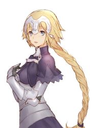 Rule 34 | 1girl, :d, armor, bad id, bad twitter id, blonde hair, blue eyes, braid, breasts, capelet, commentary request, fate/apocrypha, fate (series), from side, gauntlets, headpiece, jeanne d&#039;arc (fate), jeanne d&#039;arc (ruler) (fate), km yama, large breasts, long hair, looking at viewer, looking to the side, open mouth, plate armor, simple background, single braid, smile, solo, standing, upper body, very long hair, white background