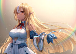 Rule 34 | 1girl, absurdres, blonde hair, blue bow, bow, breasts, cleavage, curry bowl, dark-skinned female, dark skin, detached sleeves, dress, elf, gloves, hair down, highres, holding, holding bow (ornament), hololive, large breasts, lens flare, long hair, orange eyes, pointy ears, red bow, shiranui flare, shiranui flare (1st costume), smile, virtual youtuber, white dress, white gloves
