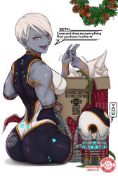 Rule 34 | 1girl, amputee, android, ass, back, box, breasts, capcom, cardboard box, colored skin, cyborg, detached arm, disembodied hand, english text, female seth (street fighter), from behind, grey skin, hand gesture, hershuar, highres, orange eyes, robot girl, seth (street fighter), short hair, skin tight, street fighter, street fighter v, white hair, wide hips