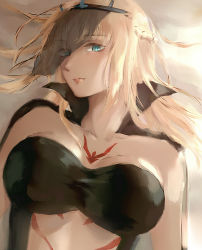 Rule 34 | 1girl, bad id, bad pixiv id, bandeau, blonde hair, blue eyes, braid, breasts, crown, fate/apocrypha, fate/grand order, fate (series), french braid, large breasts, long hair, looking at viewer, lying, morgan le fay (fate), on back, painterly, rifu (643763873), solo, tattoo, upper body, veil