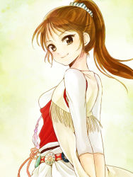 Rule 34 | 1girl, bad id, bad pixiv id, breasts, brown eyes, brown hair, commentary request, ellen carson, long hair, looking at viewer, looking back, medium breasts, ponytail, romancing saga 3, saga, scrunchie, sm156, smile, solo, standing, striped clothes, striped scrunchie, vest