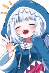 Rule 34 | 1girl, :d, blue hair, blue hoodie, blush, breasts, closed eyes, commentary request, drawstring, eyebrows hidden by hair, facing away, gawr gura, gawr gura (1st costume), hand up, highres, hololive, hololive english, hood, hood up, hoodie, long hair, long sleeves, multicolored hair, notice lines, open mouth, sharp teeth, simple background, small breasts, smile, solo, streaked hair, teeth, tosyeo, virtual youtuber, white background, white hair, wide sleeves
