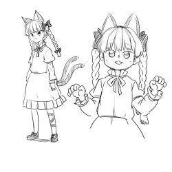 Rule 34 | 1girl, :3, :d, animal ears, bow, braid, cat ears, cat tail, closed mouth, dress, footwear bow, greyscale, hair bow, juliet sleeves, kaenbyou rin, long dress, long sleeves, looking at viewer, monochrome, multiple tails, multiple views, neck ribbon, open mouth, poronegi, puffy sleeves, ribbon, shoes, simple background, sketch, smile, standing, tail, touhou, twin braids, two tails, white background