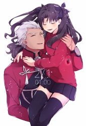 Rule 34 | 1boy, 1girl, archer (fate), black bow, black hair, black skirt, black thighhighs, bow, closed eyes, fate/stay night, fate (series), grey hair, hair bow, highres, jewelry, linearmotor, long hair, parted bangs, pendant, red sweater, simple background, skirt, smile, sweater, thighhighs, tohsaka rin, two side up, white background, zettai ryouiki