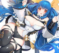Rule 34 | 1girl, akizone, bare shoulders, belt, blue hair, blush, breasts, collarbone, curvy, detached collar, detached sleeves, dizzy (guilty gear), gluteal fold, guilty gear, hair ribbon, highres, large breasts, long hair, long sleeves, looking at viewer, midriff, navel, open mouth, red eyes, ribbon, simple background, skindentation, solo, stomach, tail, thigh gap, thighhighs, thighs, twintails, very long hair, white background, wide sleeves, wings