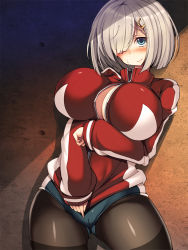 Rule 34 | 10s, 1girl, black pantyhose, blue eyes, blush, breasts, buruma, cleavage, cleavage cutout, clothing cutout, covering privates, covering crotch, female focus, hair ornament, hair over one eye, hairclip, hamakaze (kancolle), highres, jacket, kantai collection, large breasts, pantyhose, pantyhose under buruma, short hair, silver hair, solo, thighband pantyhose, torisan, track jacket