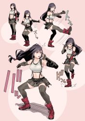 Rule 34 | 1girl, abs, armpits, arrow (symbol), belt, black bra, black gloves, black hair, black skirt, black thighhighs, boots, bra, breasts, closed mouth, commentary, crop top, cross-laced footwear, elbow gloves, elbow pads, elbowing, eyelashes, fighting stance, final fantasy, final fantasy vii, final fantasy vii remake, fingerless gloves, full body, gloves, highres, kicking, komi shin&#039;ya, long hair, looking down, low-tied long hair, martial arts, medium breasts, midriff, miniskirt, motion lines, multiple views, navel, open mouth, outstretched arm, pink background, pleated skirt, red eyes, red footwear, shadow, simple background, skirt, sleeveless, sound effects, sports bra, standing, standing on one leg, suspender skirt, suspenders, tank top, thighhighs, thighs, tifa lockhart, toned, underwear, white tank top, zettai ryouiki