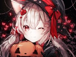 Rule 34 | 1girl, animal ears, black background, black shirt, blush, bug, butterfly, cat ears, commentary request, food, hair between eyes, hair ornament, halloween, hat, highres, holding, holding food, holding pumpkin, holding vegetable, insect, light particles, looking at viewer, noyu (noyu23386566), one eye closed, original, pumpkin, red eyes, shirt, sidelocks, simple background, twintails, vegetable, white hair, witch hat