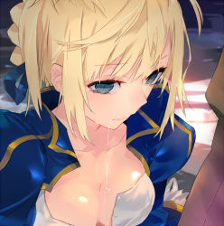 Rule 34 | 1girl, ahoge, artoria pendragon (fate), bad id, bad pixiv id, blonde hair, blush, breasts, cleavage, dress, dripping, fate/stay night, fate (series), green eyes, open clothes, open shirt, ponkan 8, saber (fate), shirt, short hair, tears
