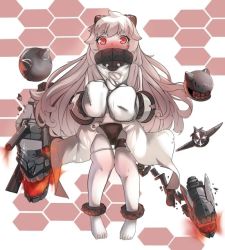 Rule 34 | 10s, 1girl, abyssal ship, bad id, bad pixiv id, barefoot, black panties, blush, colored skin, dress, erojune, full-face blush, horns, kantai collection, knees together feet apart, long hair, looking at viewer, mittens, northern ocean princess, panties, red eyes, solo, torn clothes, underwear, white dress, white hair, white skin