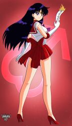 Rule 34 | 1girl, absurdres, back bow, between fingers, bishoujo senshi sailor moon, black hair, bow, burning, choker, closed mouth, commentary, danmakuman, earrings, elbow gloves, english commentary, fire, from behind, full body, gloves, high heels, highres, hino rei, holding, jewelry, kneepits, leotard, light smile, long hair, magical girl, mars symbol, miniskirt, ofuda, ofuda between fingers, pleated skirt, purple eyes, purple gloves, red background, red bow, red choker, red footwear, red sailor collar, red skirt, sailor collar, sailor mars, sailor senshi uniform, signature, skirt, solo, standing, star (symbol), star earrings, super sailor mars, talisman, white gloves, white leotard