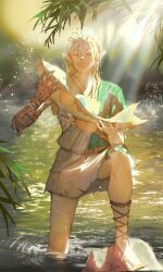 Rule 34 | 1boy, :d, animal, archaic set (zelda), blonde hair, closed eyes, earrings, fish, highres, holding, holding animal, holding fish, jewelry, light rays, link, medium hair, nature, nintendo, open mouth, pointy ears, pond, sandals, smile, solo, stepping, sunlight, the legend of zelda, the legend of zelda: tears of the kingdom, tunic, wading, yanyilan