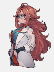 Rule 34 | 1girl, android 21, black-framed eyewear, blue eyes, breasts, checkered clothes, checkered dress, closed mouth, dragon ball, dragon ball fighterz, dress, earrings, glasses, grey background, hair between eyes, hoop earrings, jewelry, kemachiku, lab coat, long hair, long sleeves, medium breasts, red hair, red ribbon army, simple background, solo