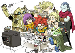 Rule 34 | 3girls, absurdres, ayla (chrono trigger), blonde hair, blue eyes, book, breasts, chrono trigger, closed mouth, couch, crono (chrono trigger), drink, ebiten (ebi10d), epoch, food, frog (chrono trigger), game console, glasses, highres, long hair, lucca ashtear, magus (chrono trigger), marle (chrono trigger), multiple girls, open mouth, purple hair, robo (chrono trigger), short hair, simple background, smile, super famicom, sword, television, weapon, white background