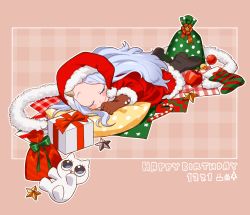 Rule 34 | 1girl, apple, blush, boku no hero academia, boots, candy, candy cane, child, christmas, christmas ornaments, christmas present, christmas star, closed eyes, closed mouth, costume, dress, eri (boku no hero academia), food, fruit, gift, gloves, grey hair, hat, headdress, highres, horns, long hair, mommorua, pink background, santa boots, santa costume, santa dress, santa gloves, santa hat, simple background, single horn, sleeping, smile, solo, wrapping, wrapping paper