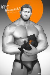 Rule 34 | 1boy, absurdres, animal, bara, beard, biceps, black cat, bulge, cat, claws, cowboy shot, facial hair, halloween, halloween costume, happy halloween, highres, holding, holding animal, holding cat, large pectorals, limited palette, male focus, mature male, multiple monochrome, muscular, muscular male, nipples, original, pectorals, powerlesssong, short hair, solo, sparkle, stomach, thick thighs, thighs, topless male, underwear, underwear only