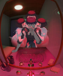 Rule 34 | 1boy, 4girls, arm hug, bathroom, black hair, black shirt, blush, bob cut, clone, closed eyes, commentary request, cup, faucet, glasses, glitch, grey eyes, highres, horror (theme), hug, hug from behind, indoors, mirror, motida tamago, multiple girls, open mouth, orange eyes, original, reflection, shirt, sink, sleeves rolled up, smile, tile wall, tiles, water, whispering, whispering in ear