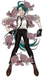 Rule 34 | 1girl, ^ ^, ahoge, androgynous, black gloves, black necktie, black pants, brown footwear, closed eyes, collared shirt, creatures (company), ear piercing, earrings, facing viewer, full body, game freak, gloves, green hair, hair between eyes, hanging on arm, highres, holding, holding pokemon, jewelry, legs apart, long hair, low ponytail, necktie, nintendo, nori (oonori san), on head, on shoulder, open mouth, paldean wooper, pants, piercing, pokemon, pokemon (creature), pokemon on head, pokemon on shoulder, pokemon sv, ponytail, reverse trap, rika (pokemon), shirt, shirt tucked in, shoes, smile, standing, straight-on, suspenders, swept bangs, too many, white shirt