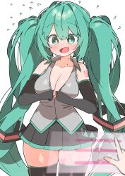 Rule 34 | 1girl, ?, absurdres, alternate breast size, black footwear, black gloves, black skirt, blue eyes, blue hair, blush, boots, breasts, cleavage, collarbone, flying sweatdrops, gloves, hatsune miku, highres, holographic interface, large breasts, long hair, open mouth, pleated skirt, shiny skin, skirt, solo, thick thighs, thigh boots, thighs, twintails, uruti 2388, very long hair, vocaloid